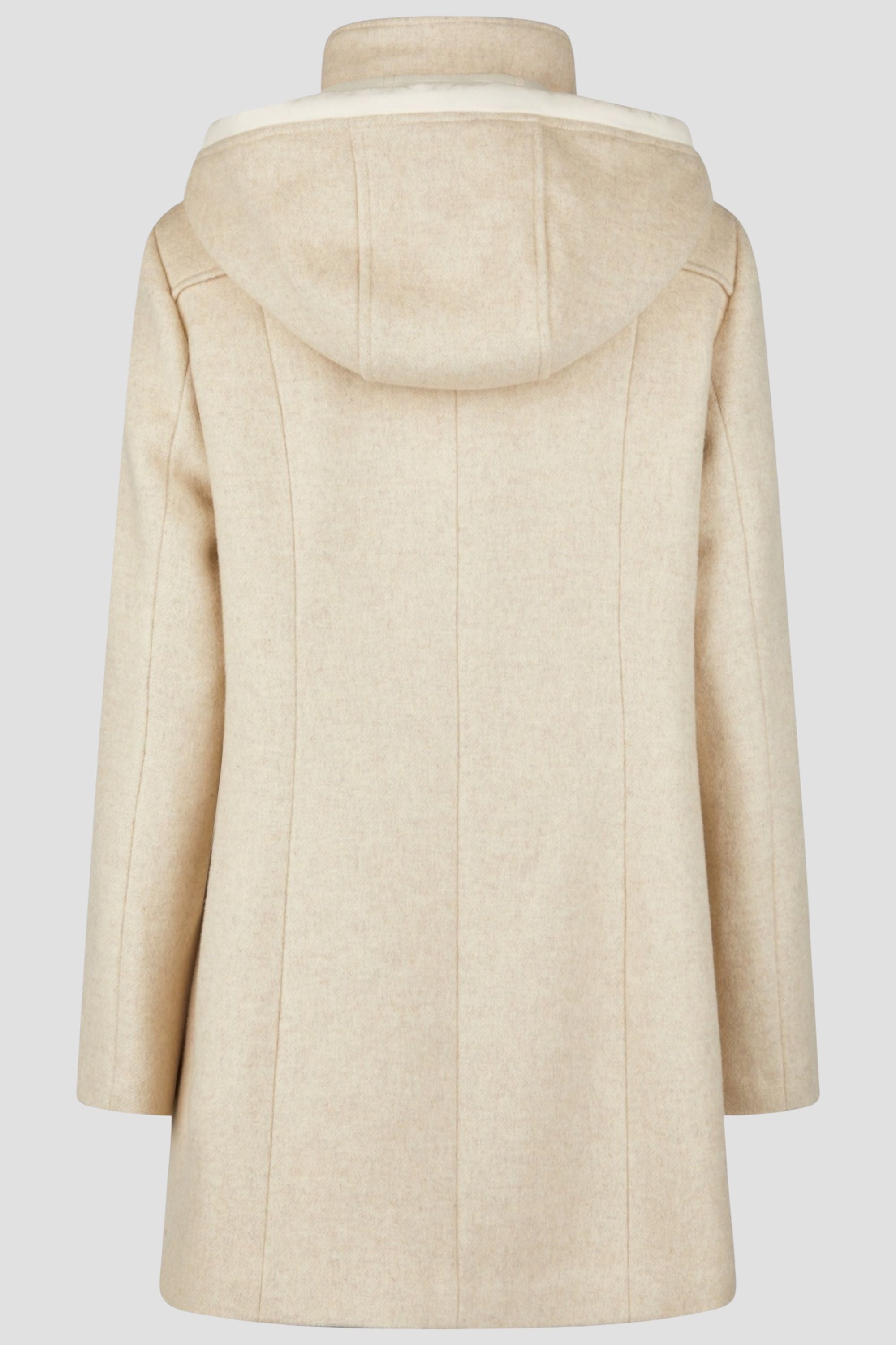 Damen Wolljacke in Beige mit Kapuze und Stehkragen.