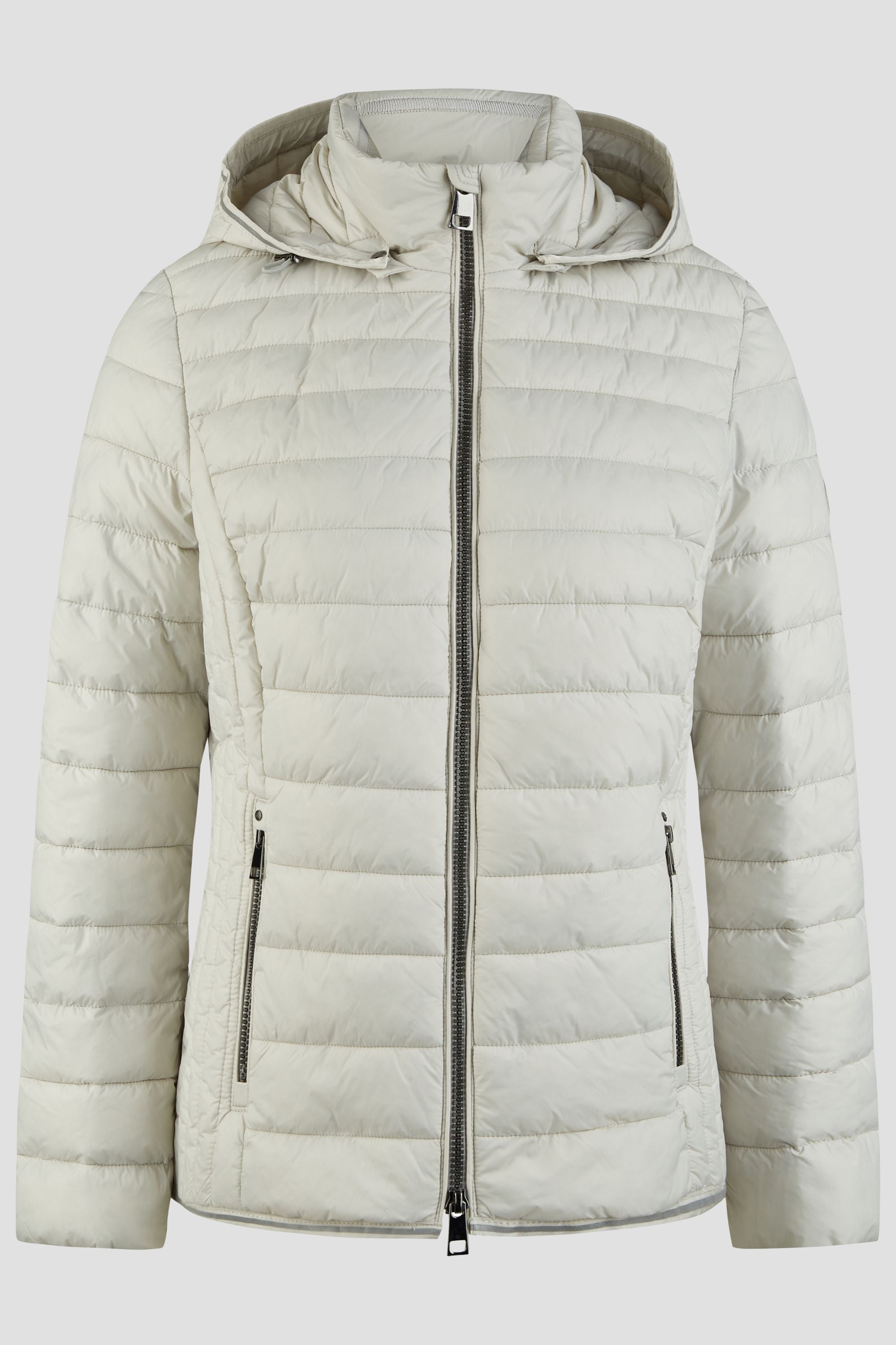 Damen Steppjacke in Beige mit Kapuze und Stehkragen.