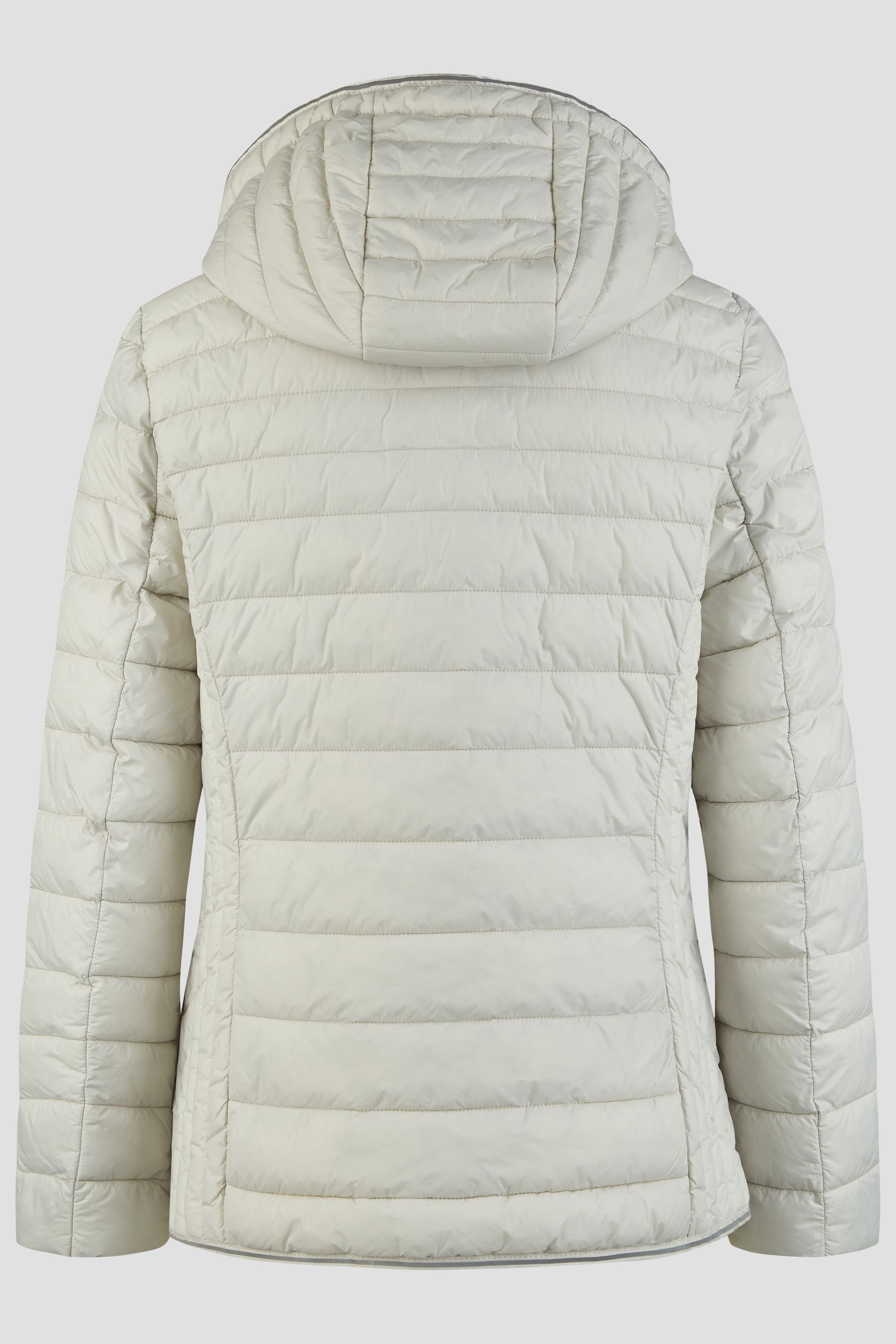 Damen Steppjacke in Beige mit Kapuze und Stehkragen.