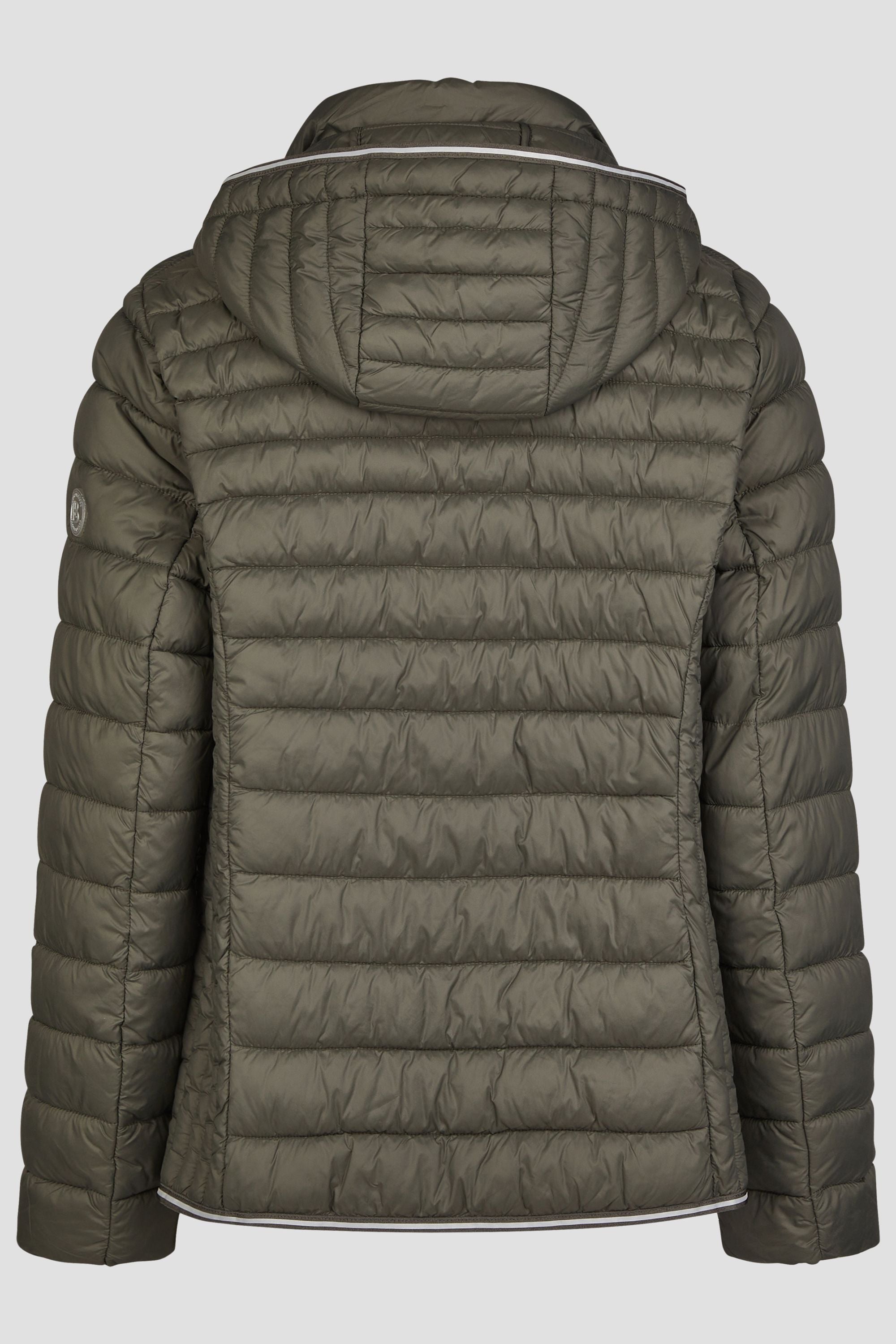 Damen Steppjacke in Grün mit Kapuze und Stehkragen.