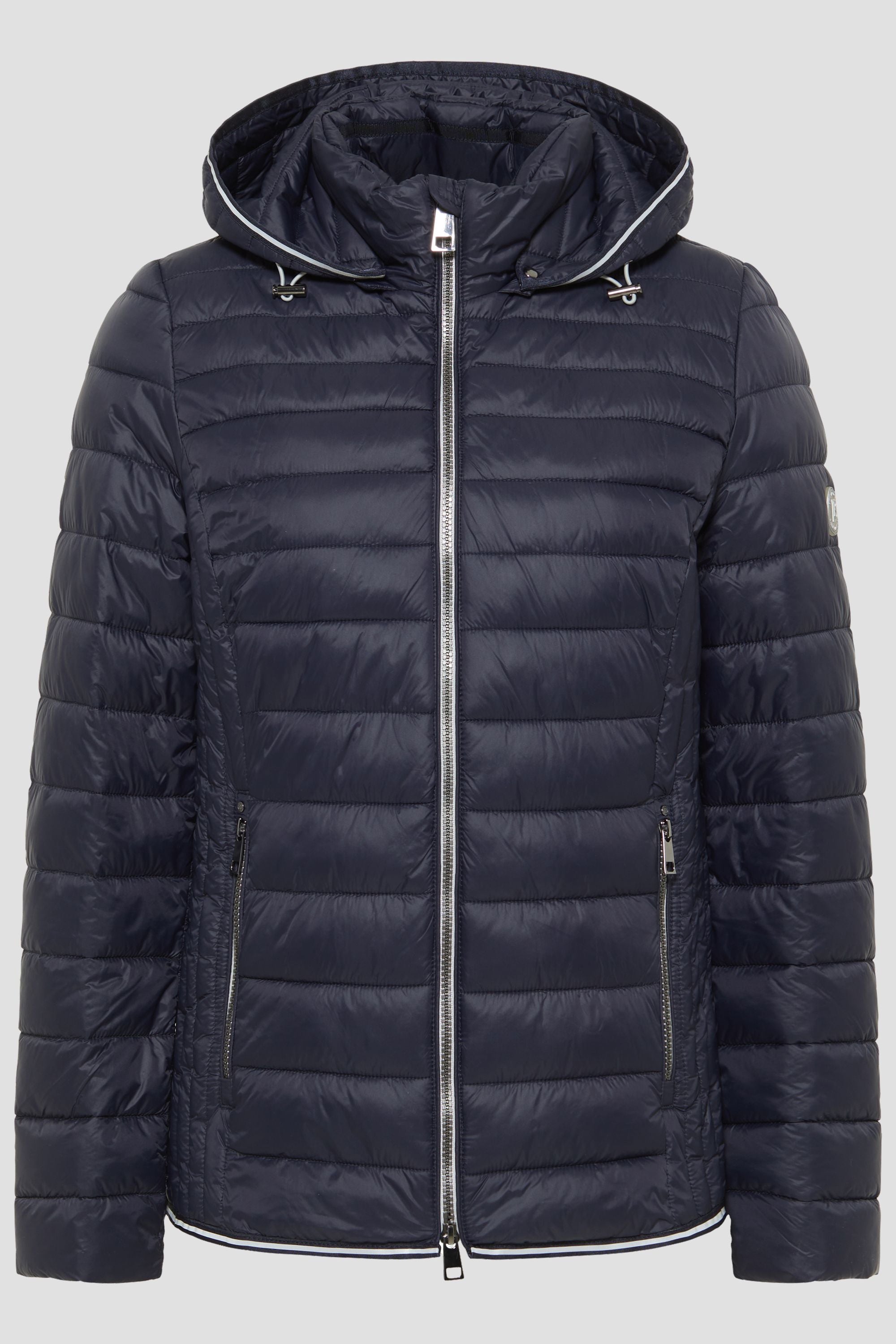 Damen Steppjacke in Dunkelblau mit Kapuze und Stehkragen.