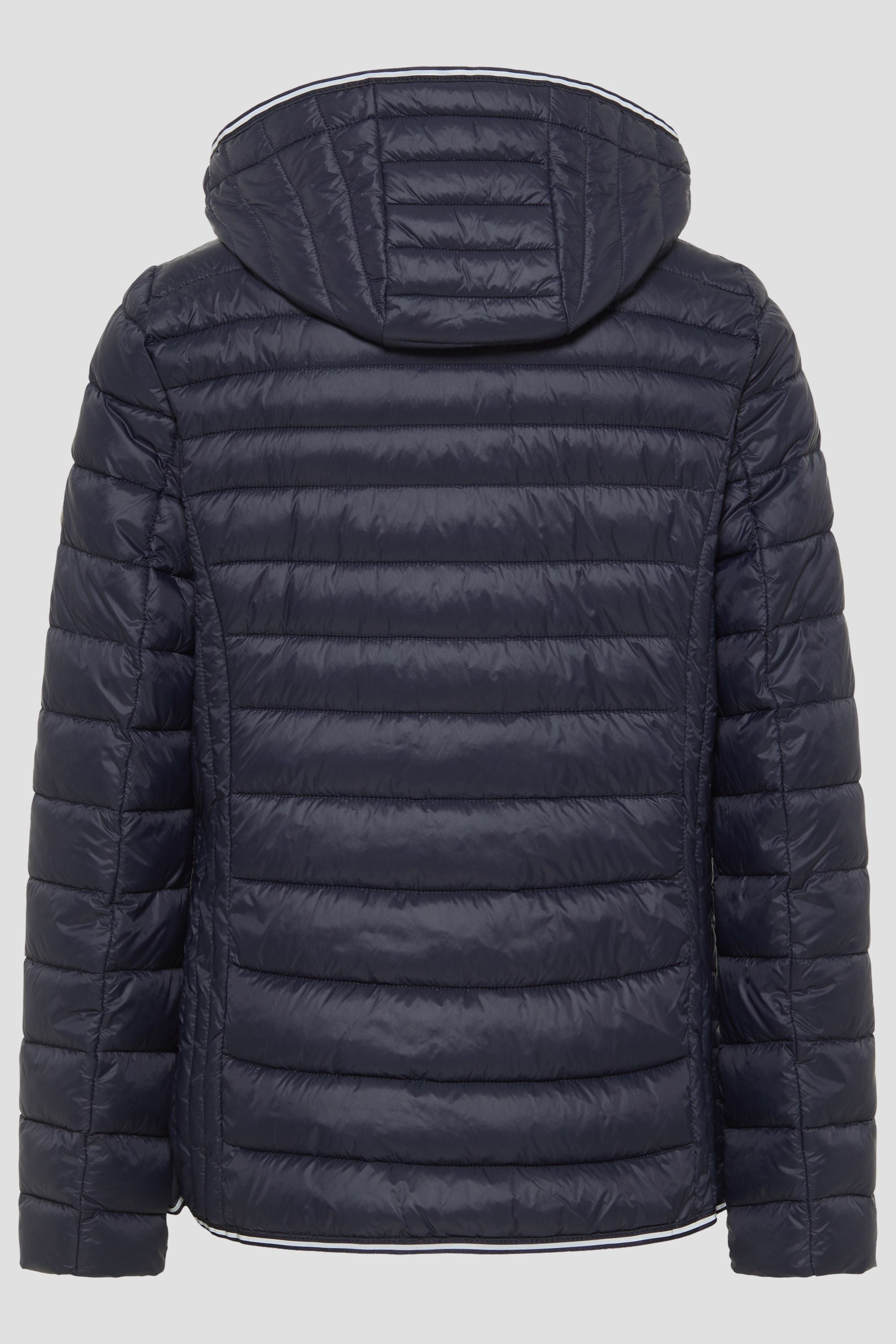 Damen Steppjacke in Dunkelblau mit Kapuze und Stehkragen.