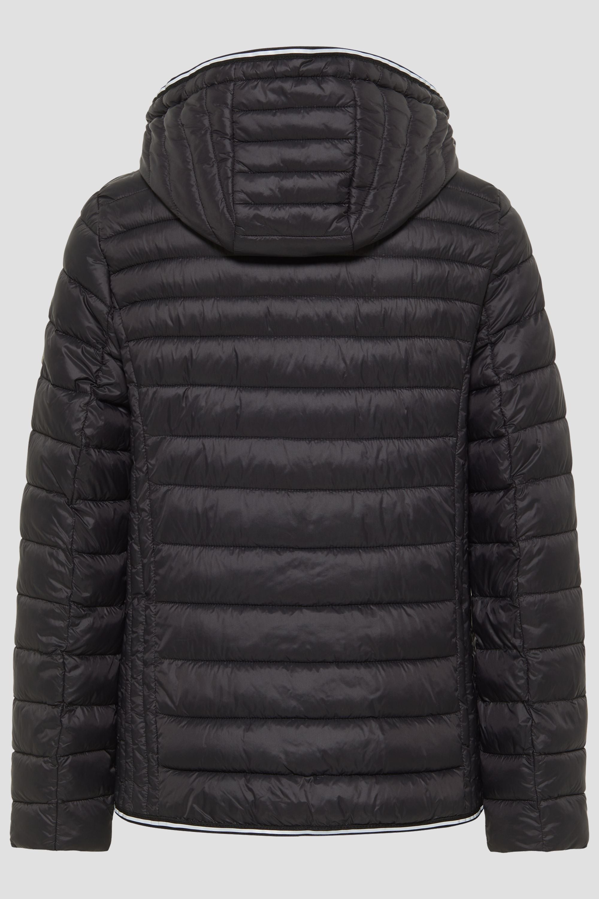 Damen Steppjacke in Schwarz mit Kapuze und Stehkragen.