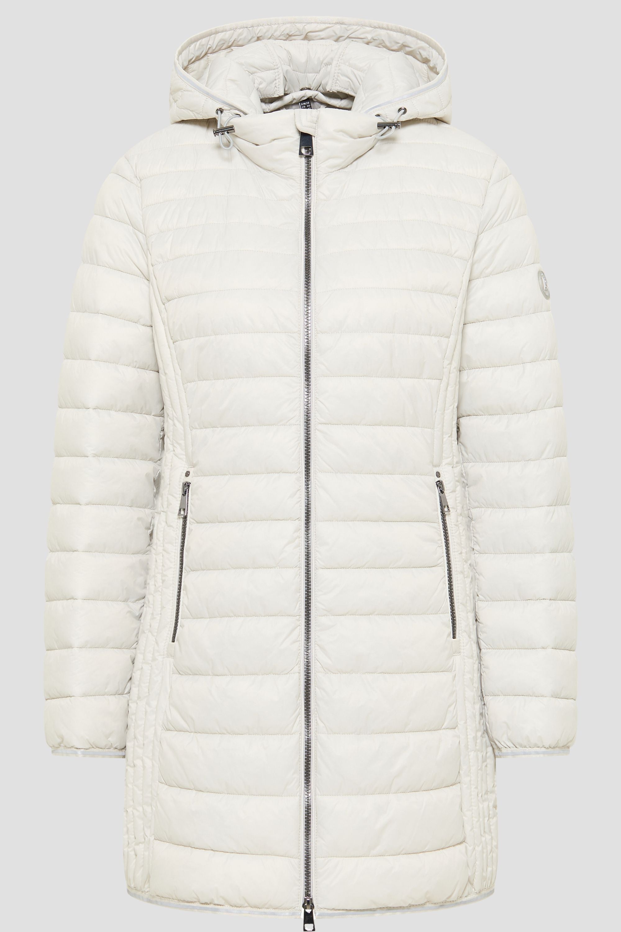 Lange Damen Steppjacke in Beige mit Kapuze und Stehkragen.