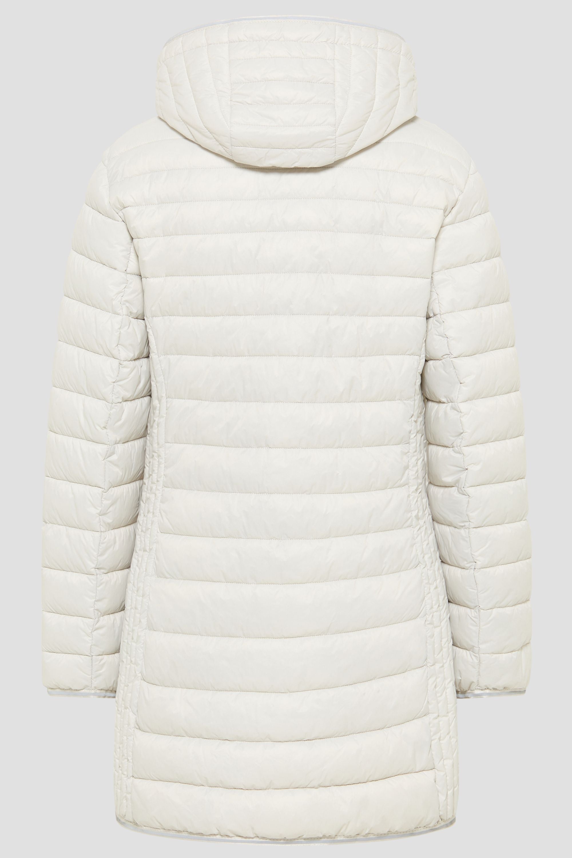 Lange Damen Steppjacke in Beige mit Kapuze und Stehkragen.