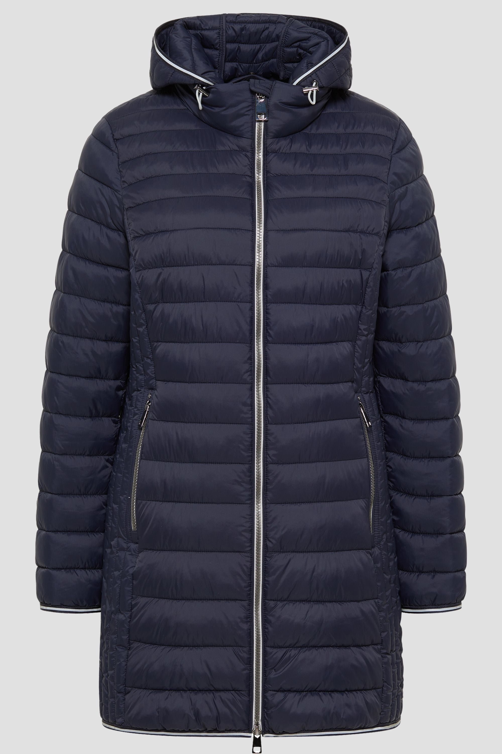 Lange Damen Steppjacke in Dunkelblau mit Kapuze und Stehkragen.