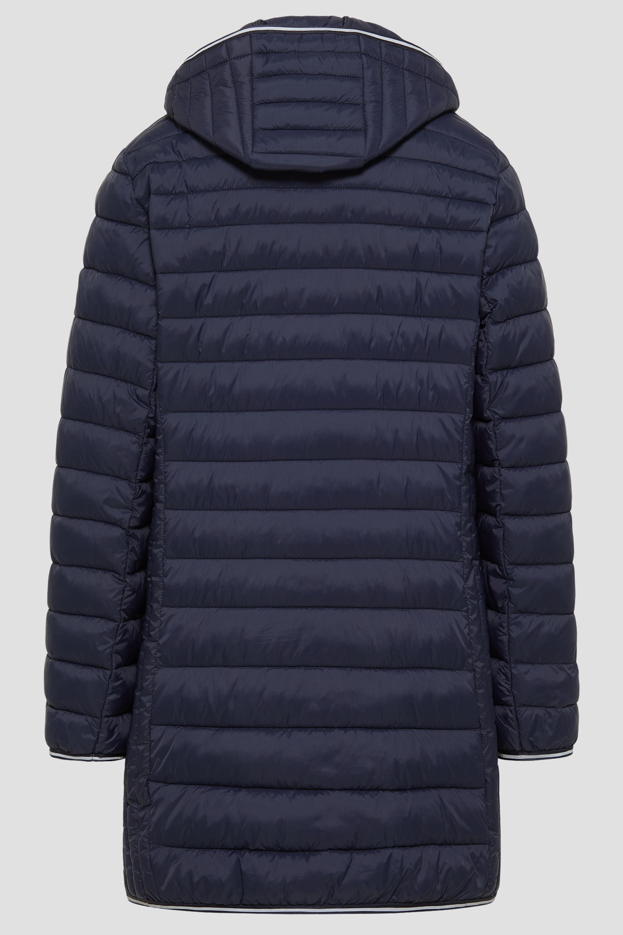Lange Damen Steppjacke in Dunkelblau mit Kapuze und Stehkragen.