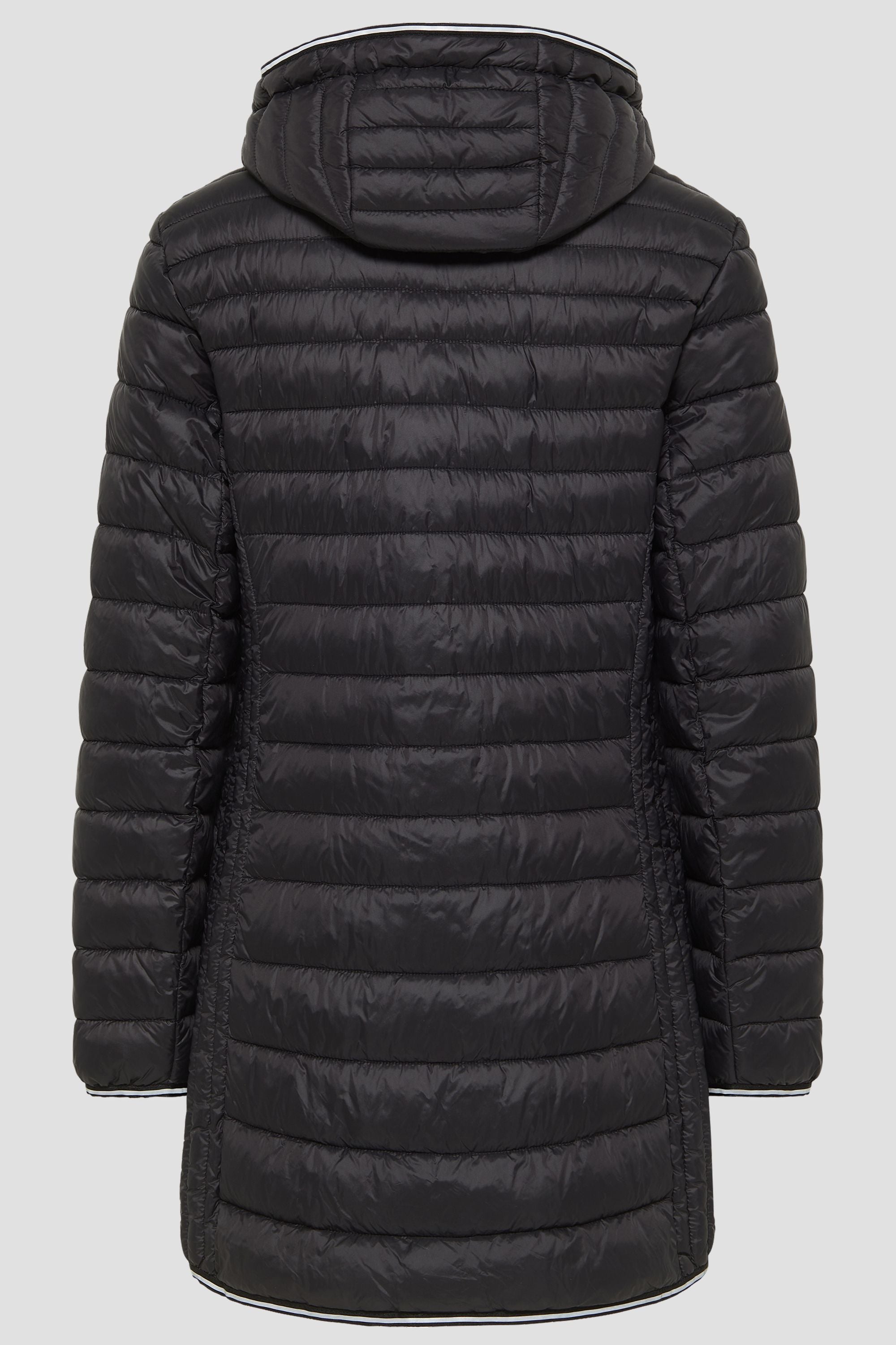 Lange Damen Steppjacke in Schwarz mit Kapuze und Stehkragen.