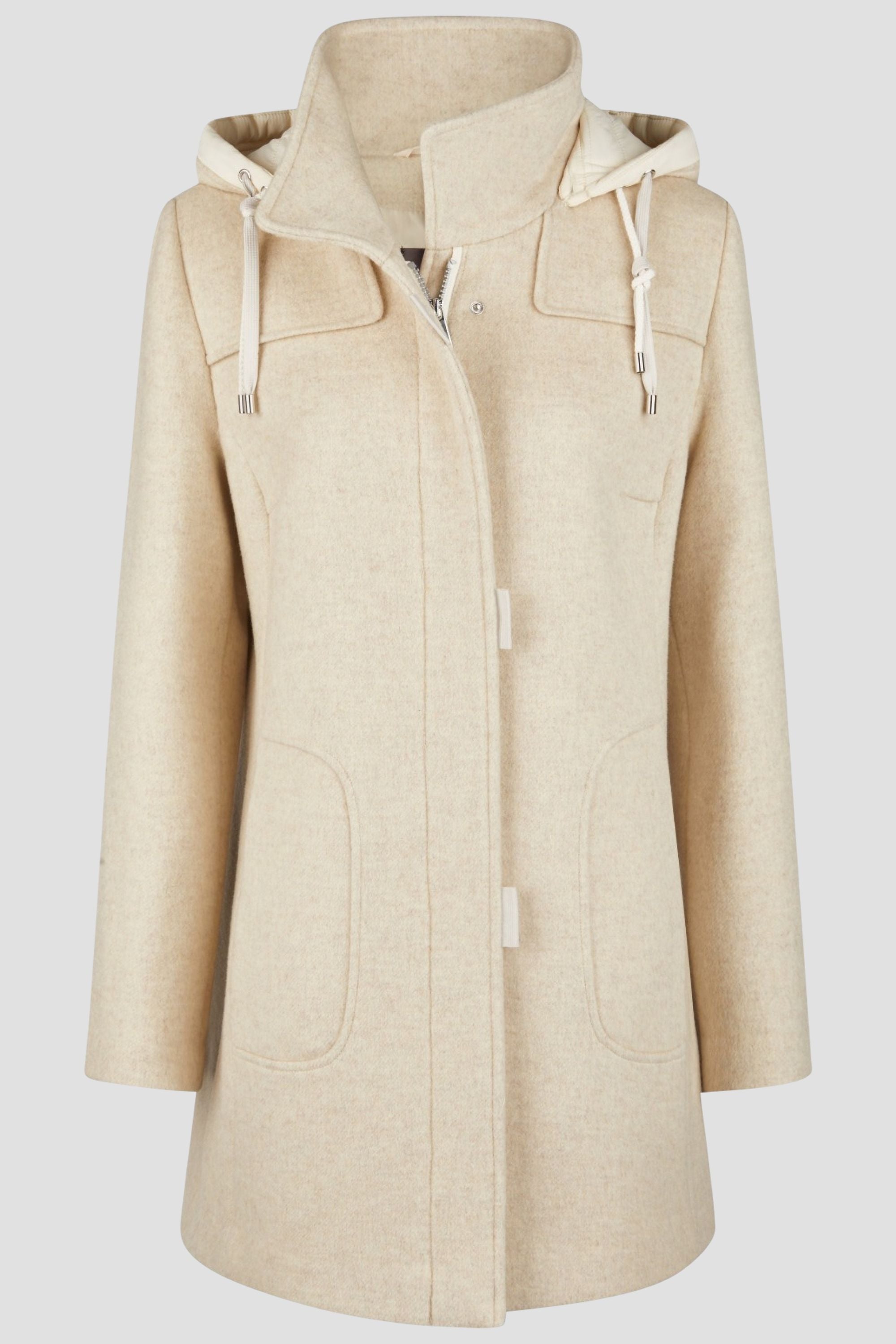 Damen Wolljacke in Beige mit Kapuze und Stehkragen. 