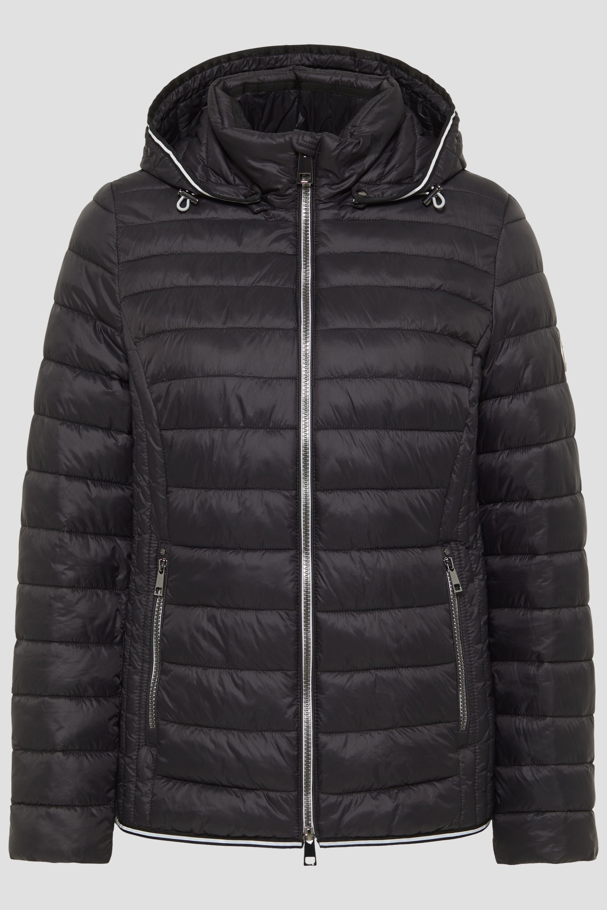 Damen Steppjacke in Schwarz mit Kapuze und Stehkragen. 